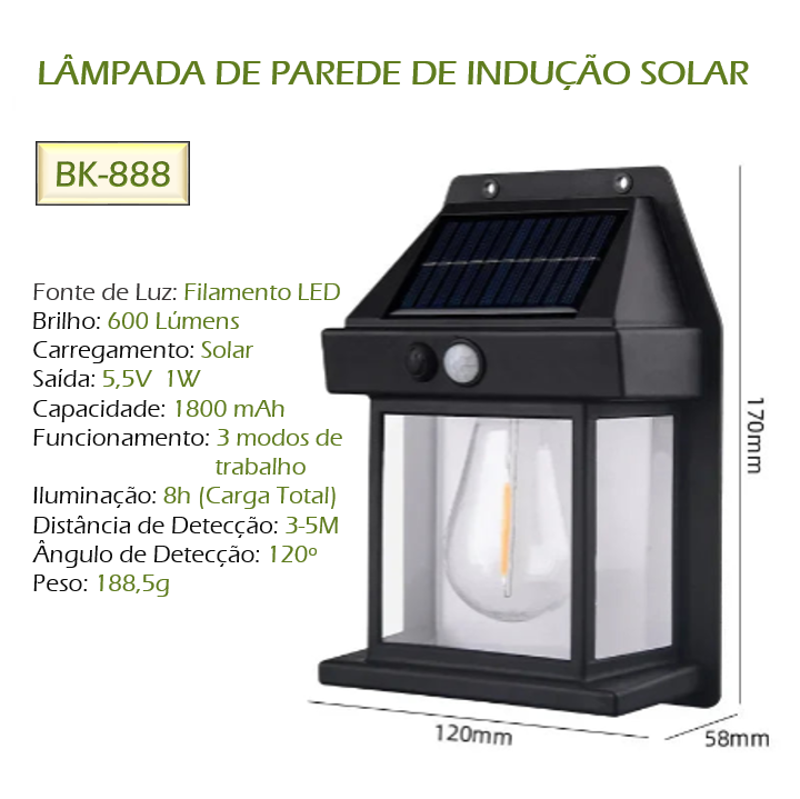 Ecoluz™ | Luminária Solar Retro com Detector de Presença